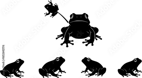 Black Silhouette Frogs Illustration, Simple Vector Art, White Background