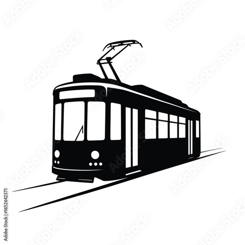 Black silhouette of a vintage tram on railway tracks on a white background trolley