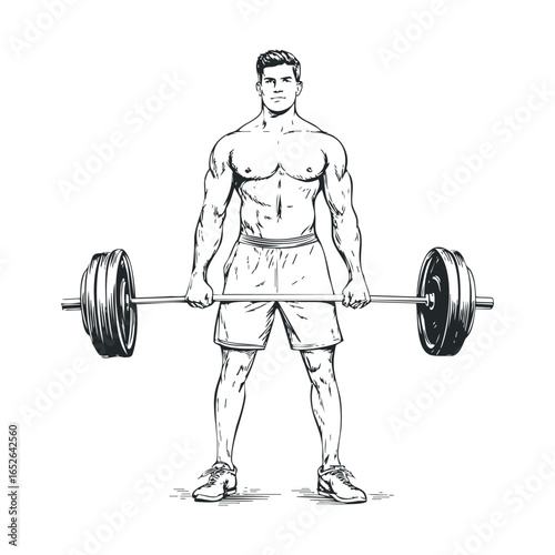 Strong man lifting heavy barbell in gym for strength training