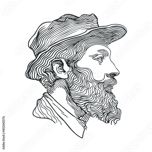 Detailed line art of a bearded man with a hat in profile view
