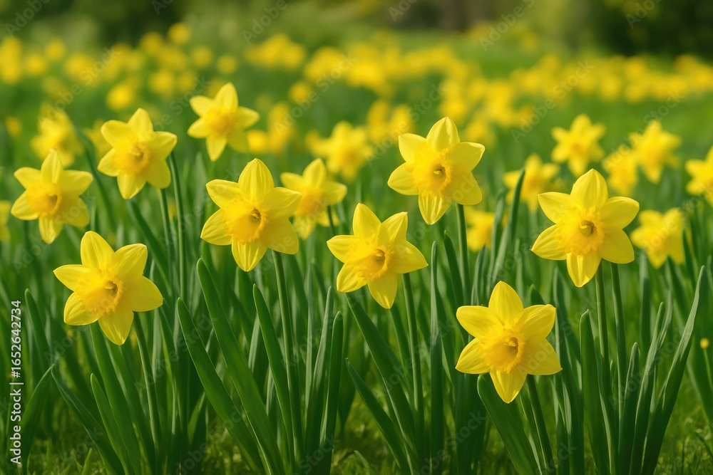 Obraz premium Colorful spring garden showcasing blossoming yellow daffodils and lush greenery