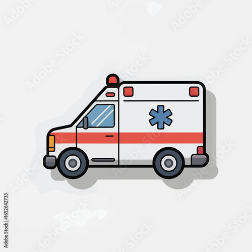 Cartoon ambulance with red stripe and star of life symbol on white medical emergency