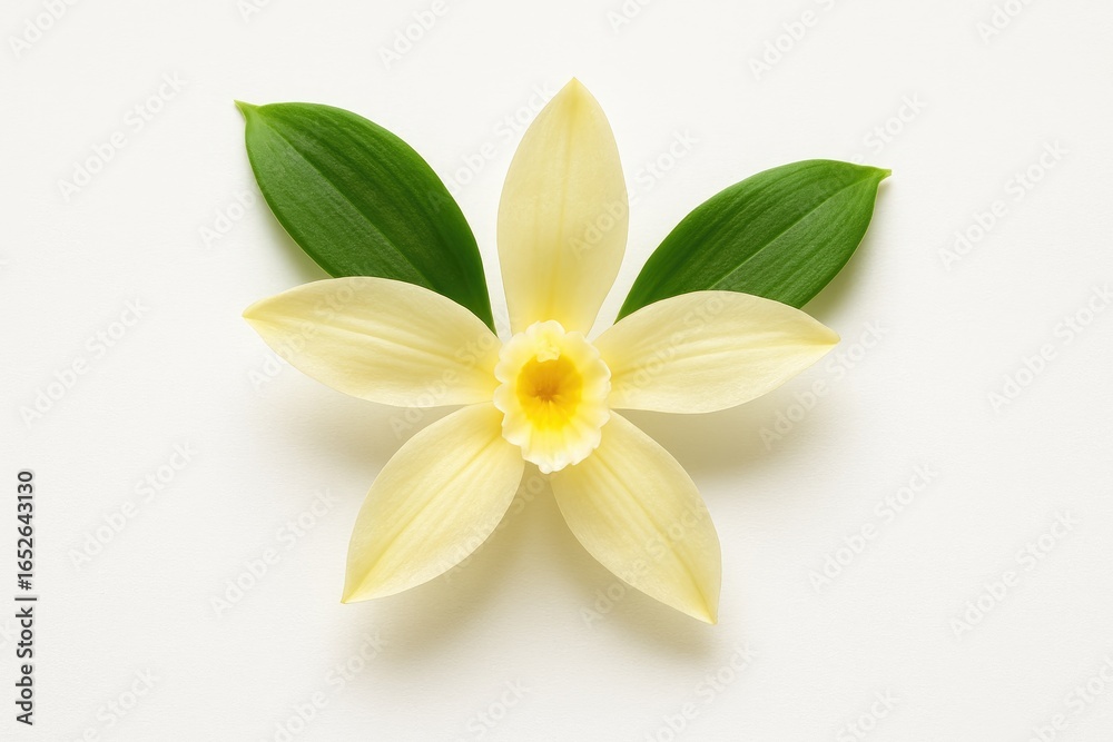 Fototapeta premium Vanilla flower with aromatic leaves displayed against a white background