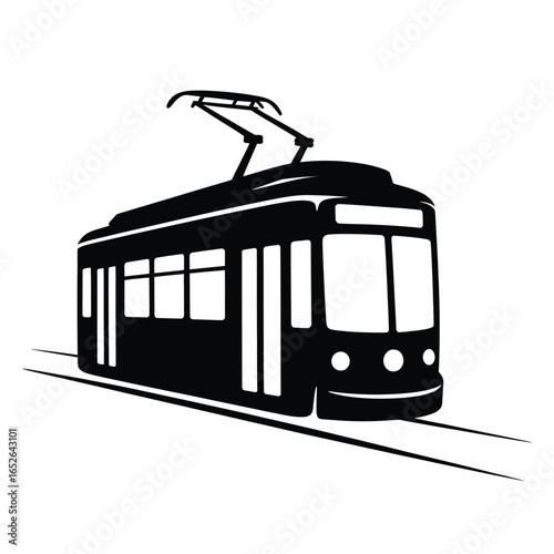 Black and white tram or streetcar on tracks with overhead power line trolley public transport