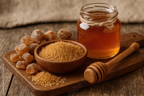 Sweetened natural ingredients: cane sugar and honey displayed on a wooden surface