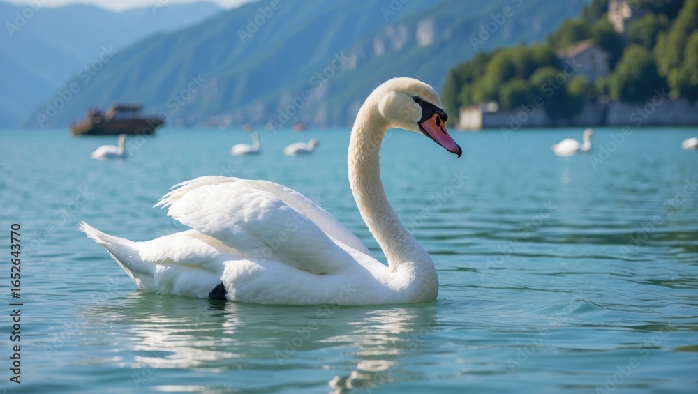 Obraz premium Elegant Swan Resting by the Water