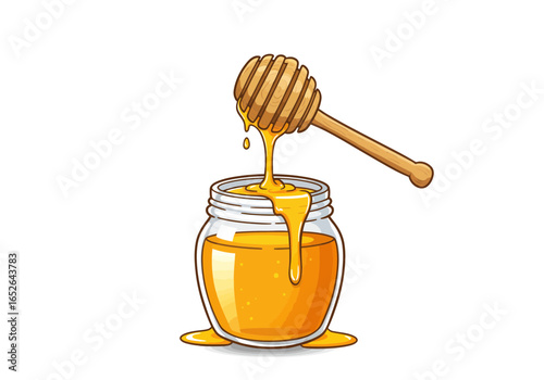 Honey Jar with Wooden Dipper and Dripping Golden Honey | Sweet Natural Food Clipart | Organic Bee Product | Cartoon Vector for Label, Logo, Design