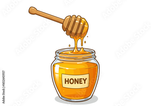 Honey Jar with Wooden Dipper and Dripping Golden Honey | Sweet Natural Food Clipart | Organic Bee Product | Cartoon Vector for Label, Logo, Design