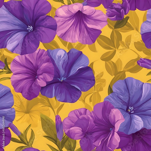 Seamless pattern of purple petunias on yellow background for textile and wallpaper