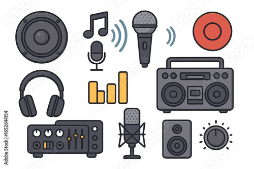 Audio equipment icon set for music production and sound recording. Collection of technology symbols: microphone, headphones, speaker, mixer, boombox. Vector flat cartoon style.