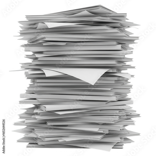 Tall stack of paper documents isolated on transparent background