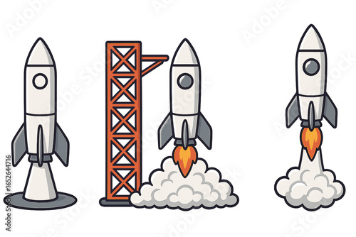 Set of cartoon rockets showing launch stages. Vector illustration of a spaceship launch sequence from ignition, liftoff, and flight. Space mission concept for business startup.