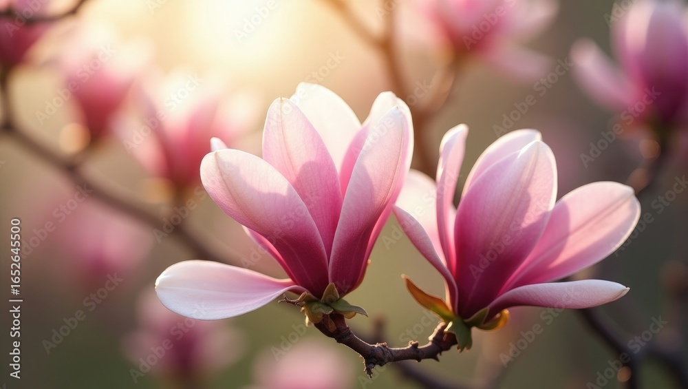 Fototapeta premium Morning sunlight bathes a magnolia tree's pink flowers, symbolizing endurance. Spring holiday in a scenic cityscape.
