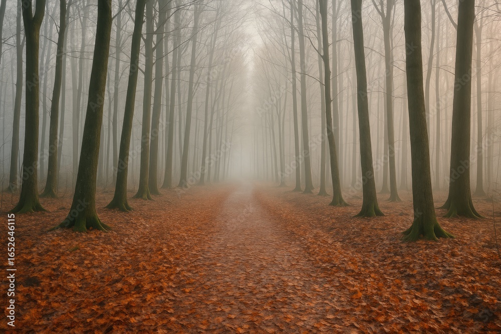 Fototapeta premium Tranquil forest walkway adorned with autumn leaves during a misty morning in a nature reserve, bordered by tall, barren trees.