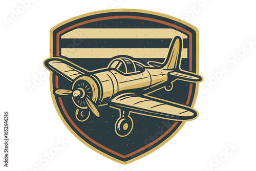 Vintage aircraft emblem with a propeller plane on a shield background. Retro military aviation logo for an air force patch. Classic historic flight concept with grunge texture.