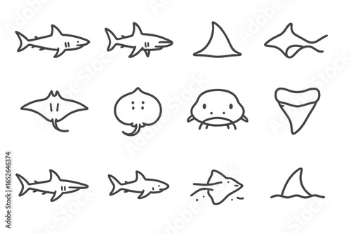 Shark and ray icon set on black background with different fin shapes