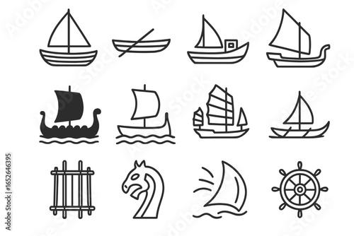 Set of nautical symbols: sailboats, ships, viking, helm, and raft icons