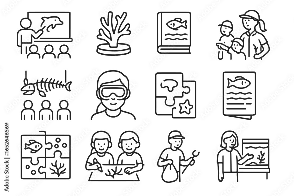 Fototapeta premium Marine education icons: ocean conservation and wildlife learning elements