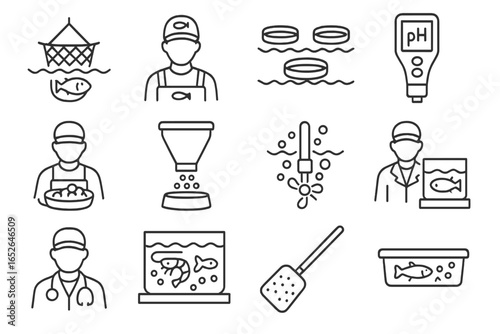 Aquaculture icons set: fish farming, testing, feeding, male figures