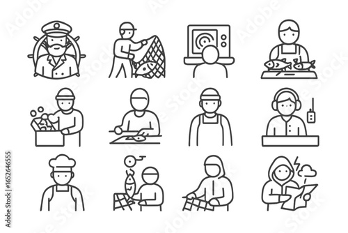Marine professions and skills icons: diverse maritime occupations icon set