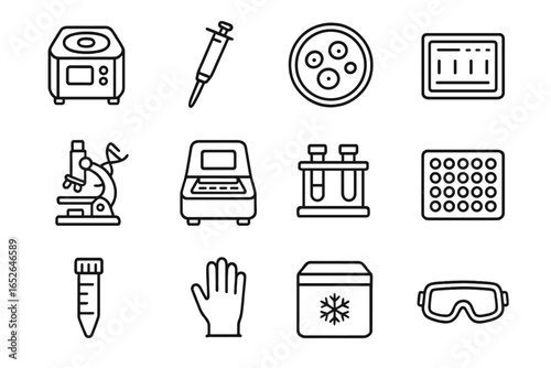 Scientific lab equipment icons with microscope and test tubes on dark background