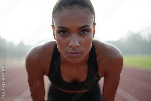 Determined Female Athlete in Starting Position, Ready to Race, Powerful and Focused, Outdoor Track, Sunrise.