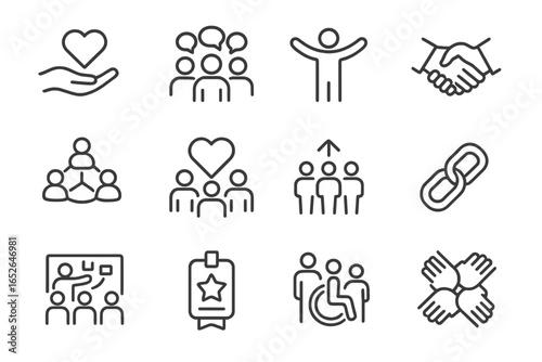 Minimalist icons of teamwork, support, and unity on dark background