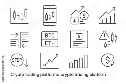 Cryptocurrency trading platforms icons on metallic background