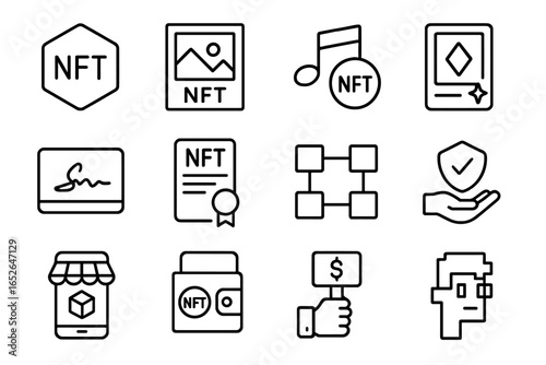 Nft icons: certificates, blockchain, wallets, hands, and signatures on display
