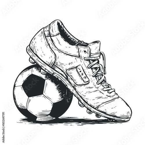 Soccer shoe resting on a black and white ball for sports design