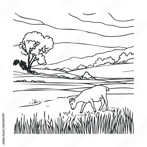 Tranquil countryside landscape with grazing goat and rolling hills