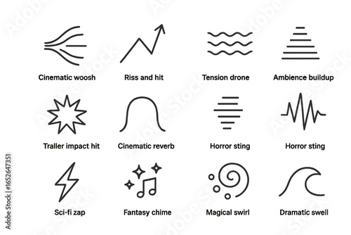 Sound effects icons: cinematic, tension, ambience, horror, sci-fi, fantasy, magical