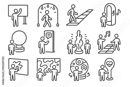 Simple stick figure icons for various activities and interactions