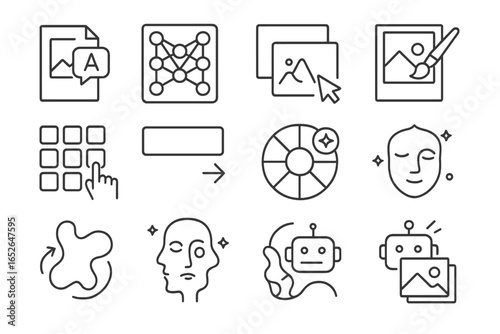 Artistic icons depicting faces, robots, and image editing tools