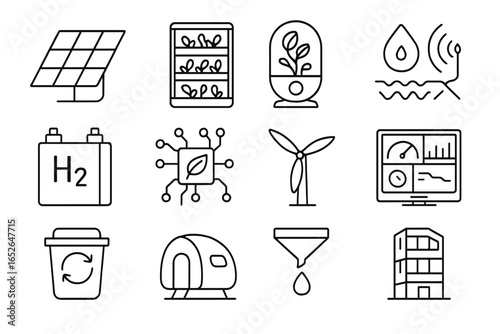 Eco-friendly technology icons: solar panels, wind turbine, recycle, hydrogen