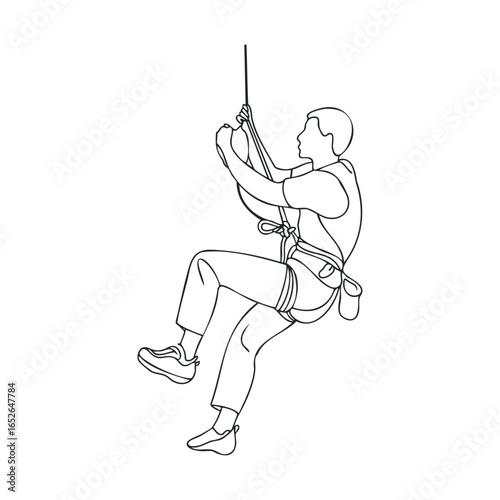 Climbing ascent technique with harness and rope for adventure sports