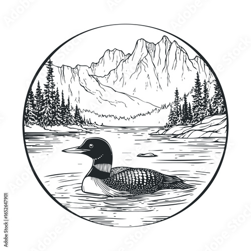 Loon swimming in tranquil lake surrounded by majestic mountains