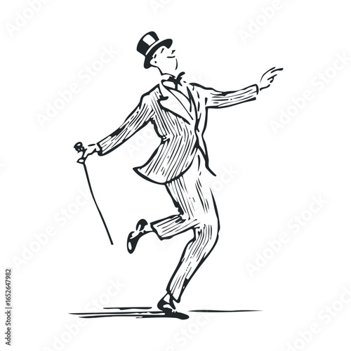 Dapper man dancing happily with cane in vintage style illustration