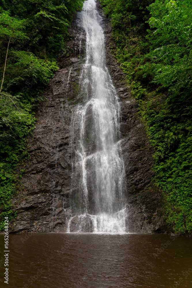 Obraz premium Scenic Tar waterfall cascading down rocky cliff into pond in lush green forest