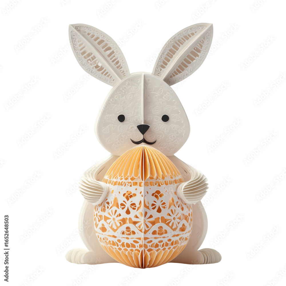 Obraz premium Kirigami Bunny Holding a Patterned Easter Egg – Isolated Illustration