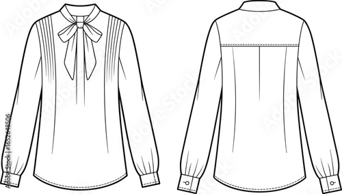 Blouse with bow tie technical sketch, fashion flat vector, CAD drawing, front and back view, pleated detail, apparel design template