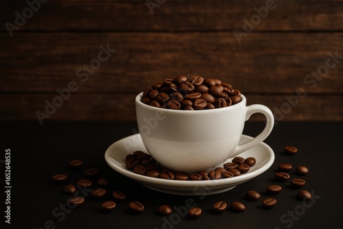 A ceramic cup filled with roasted coffee beans placed on a black tabletop with aged dark wood in the background, representing morning energy
