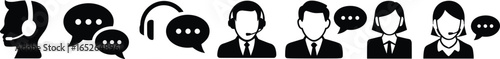 Customer service icons, call center representatives, headset illustrations, support staff silhouettes, chat bubbles, communication tools, business vector, contact, help, assistance