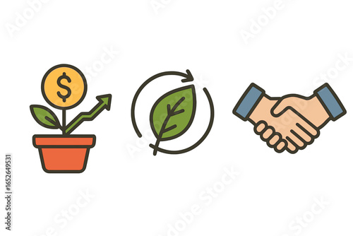 ESG concept icon set for business. Financial growth with money plant, environmental sustainability leaf, and partnership handshake. Vector illustrations for ethical investment.