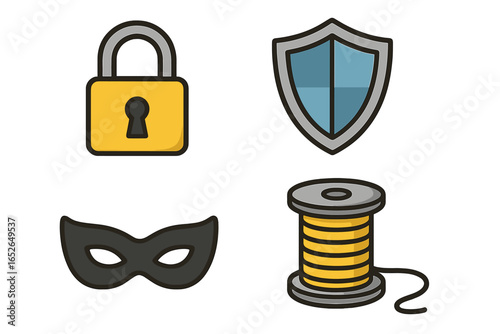 Cybersecurity vector icon collection. Concepts of data protection, internet safety, and privacy. Includes padlock, security shield, anonymous hacker mask, and network wire spool.