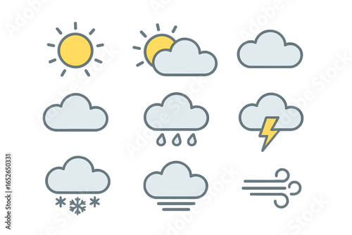 Weather icon set. Collection of meteorological forecast symbols. Includes sun, cloud, rain, storm with lightning, wind, fog, and snow. Simple cartoon line art vector.