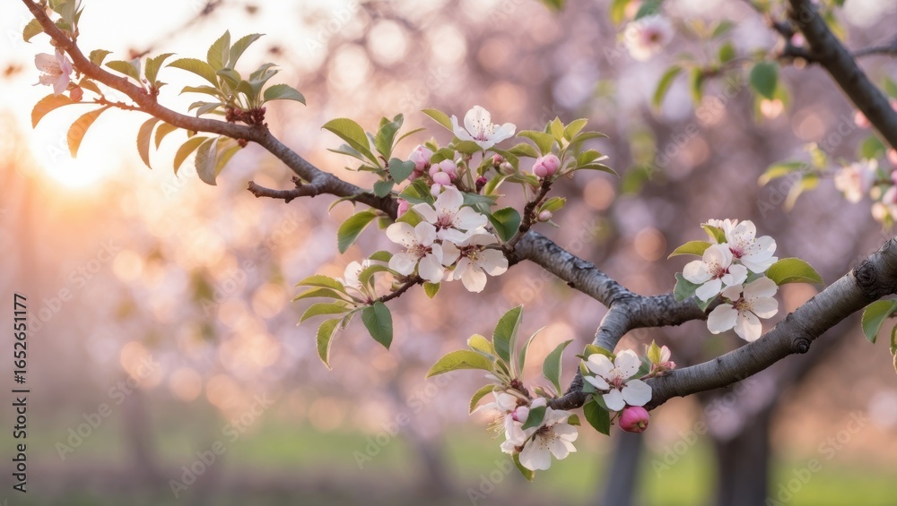 Fototapeta premium Blooming apple tree branch in spring against a blurred backdrop