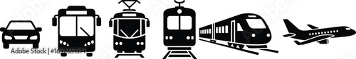 Transportation icons set, car, bus, tram, train, airplane, travel symbols, public transport, commute design, vector graphic, mobility concept