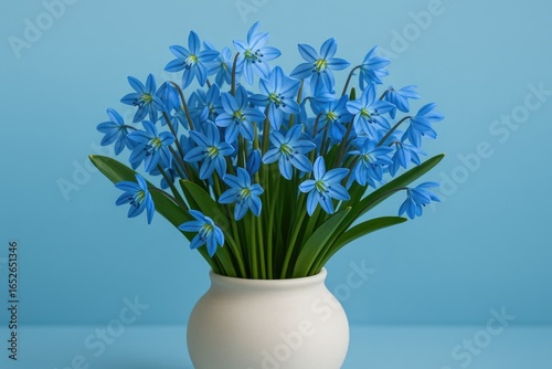Charming display of bluebell blossoms in a vessel with a blue background, featuring early spring flowers