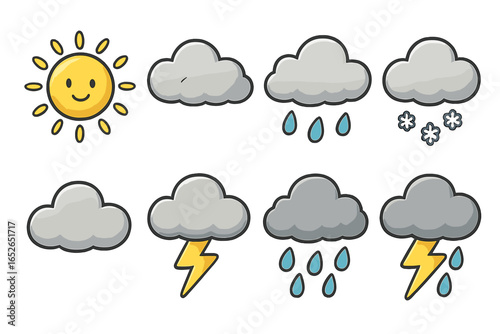 Cute weather icon collection. Cartoon vector symbols for forecast app. Set includes sun, cloud, rain, snow, lightning, storm, and thunderstorm. Meteorology graphic elements.